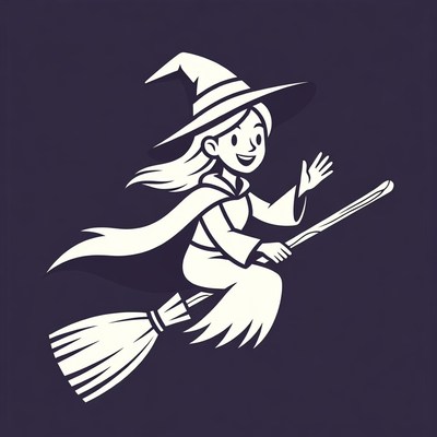 Cartoon Witch Flying on Broomstick