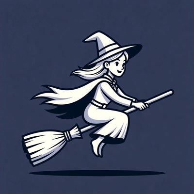 Cartoon Witch Flying on Broomstick