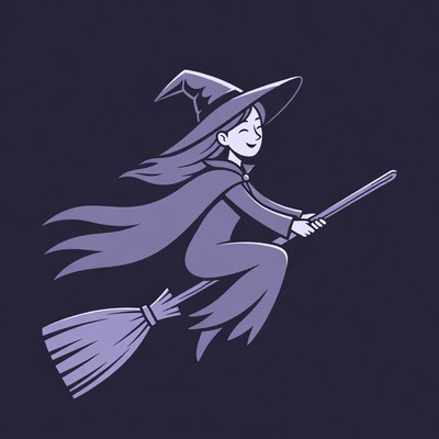 Cartoon Witch Flying on Broomstick