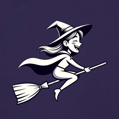 Cartoon Witch Flying on Broomstick