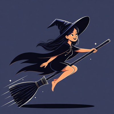 Cartoon Witch Flying on Broomstick