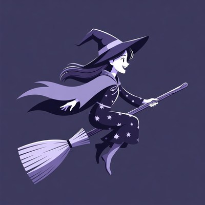 Cartoon Witch Flying on Broomstick
