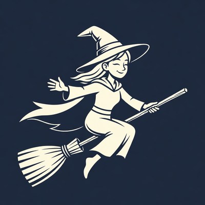 Cartoon Witch Flying on Broomstick
