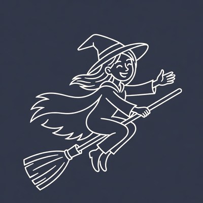 Cartoon girl witch flying on broomstick
