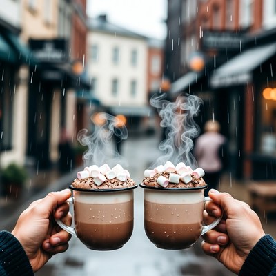 Hands Holding Hot Cocoa Mugs in Rainy Street