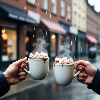 Hands holding hot chocolate mugs in rain