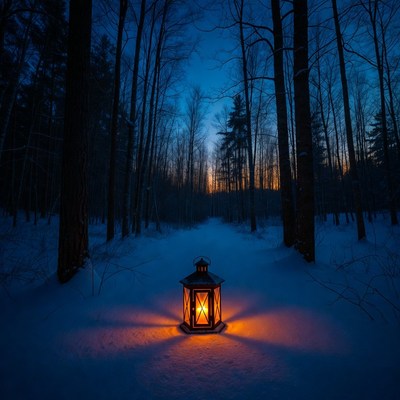 Lantern glowing in snowy forest path