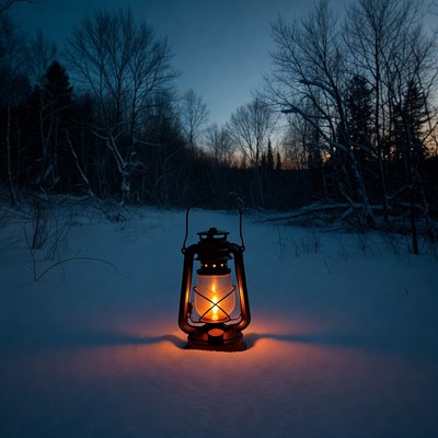 Lantern glowing in snowy forest