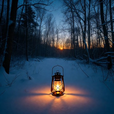 Lantern glowing in snowy forest