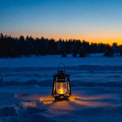 Lantern glowing in snowy landscape