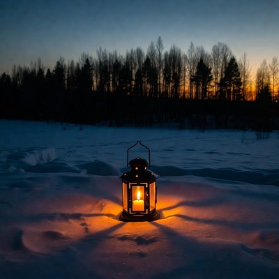 Lit Lantern on Snowy Winter Landscape