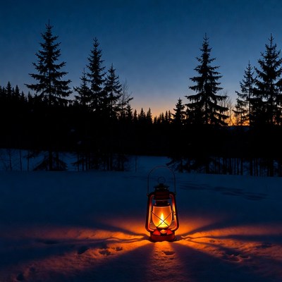 Lantern glowing in snowy forest