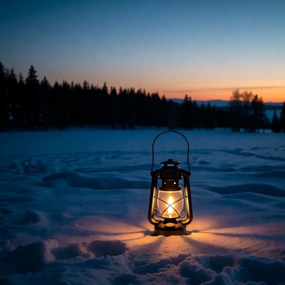 Lantern glowing in snowy landscape
