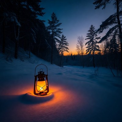 Lantern glowing in snowy forest path