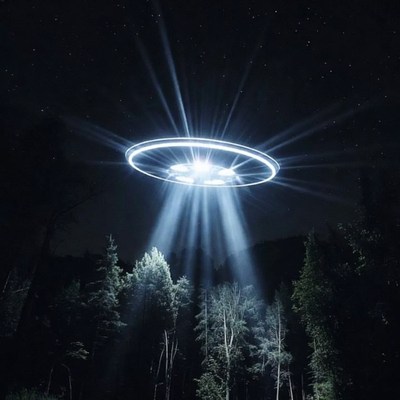 UFO beaming light over forest