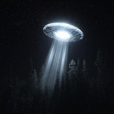 UFO beaming light over trees