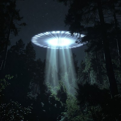 UFO beaming light over forest