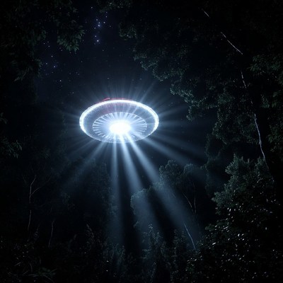 UFO hovering over forest at night