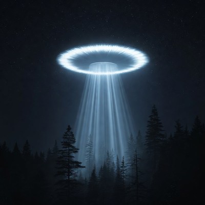 UFO beaming light over forest