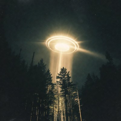 UFO beaming light over pine forest