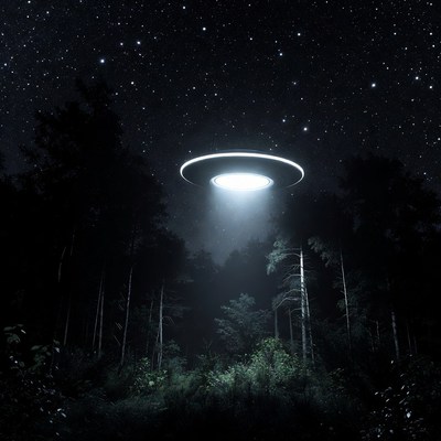 UFO hovering over dark forest