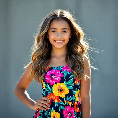 Smiling girl in colorful floral dress