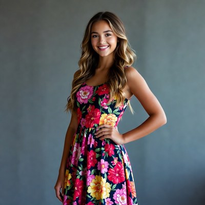 Smiling woman in floral dress