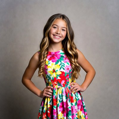 Young girl in floral dress smiling