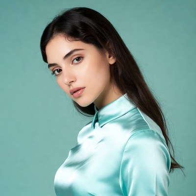 Woman in teal silk shirt