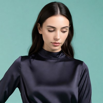 Woman in navy turtleneck blouse