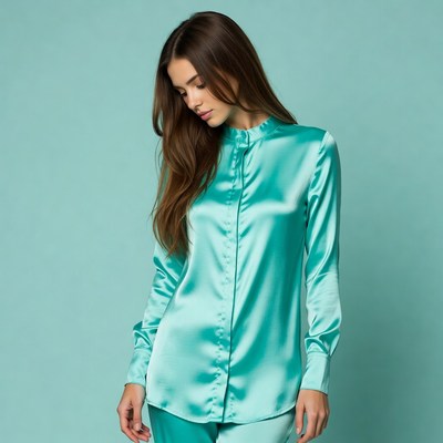 Woman in teal satin shirt