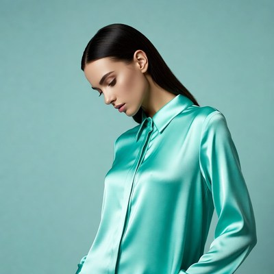 Woman in teal satin shirt
