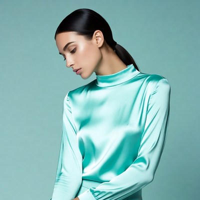 Woman in teal satin blouse profile