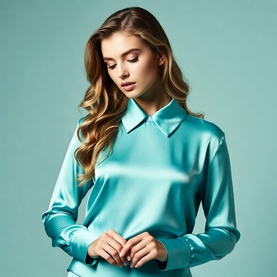 Woman in teal satin blouse