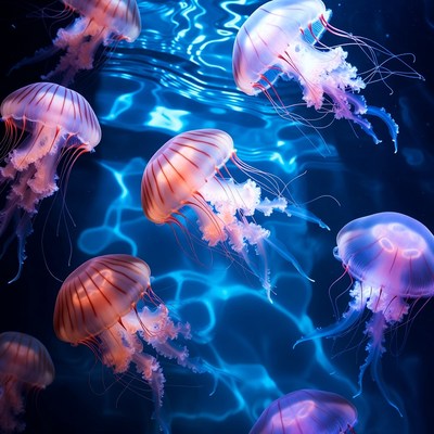 Pink jellyfish floating in blue water