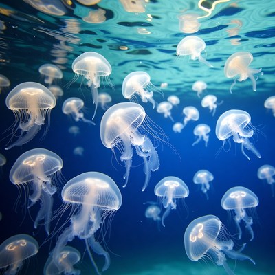 Swarm of jellyfish underwater
