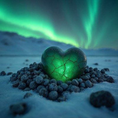 Cracked Green Heart Under Aurora Borealis