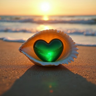 Green Heart in Seashell on Beach Sunset