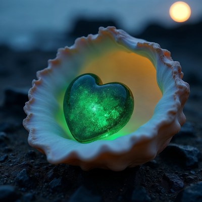Glowing Green Heart in Seashell