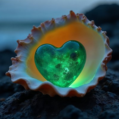 Green Heart in Seashell on Beach