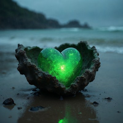Glowing Green Heart in Seashell on Beach
