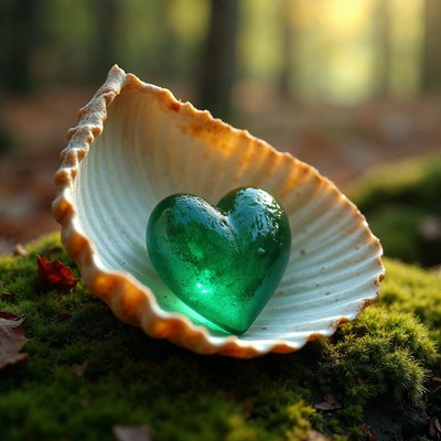 Green heart in seashell on moss