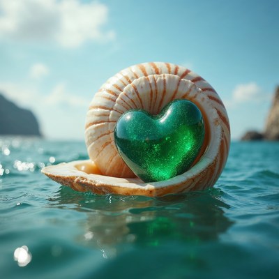 Green Heart in Seashell on Ocean