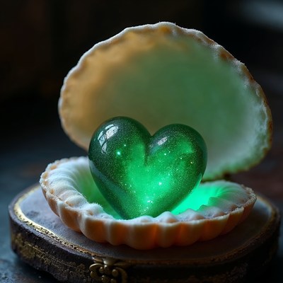 Green Heart in Open Seashell