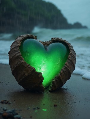 Glowing Green Heart on Beach