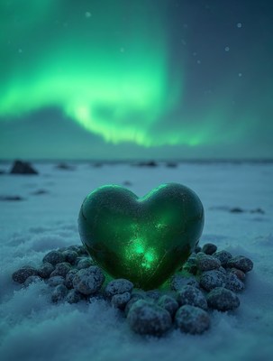 Glowing Green Heart in Snowy Landscape