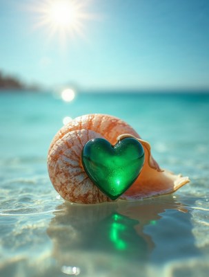 Green Heart Seashell in Shallow Sea Water