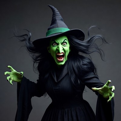 Green-faced witch screaming with claws