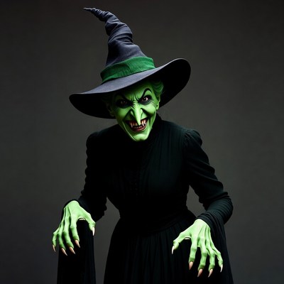 Green-faced witch with claws
