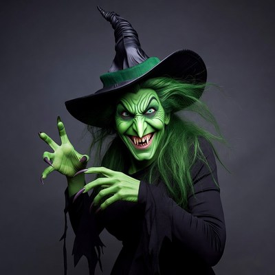 Green-faced witch with claws
